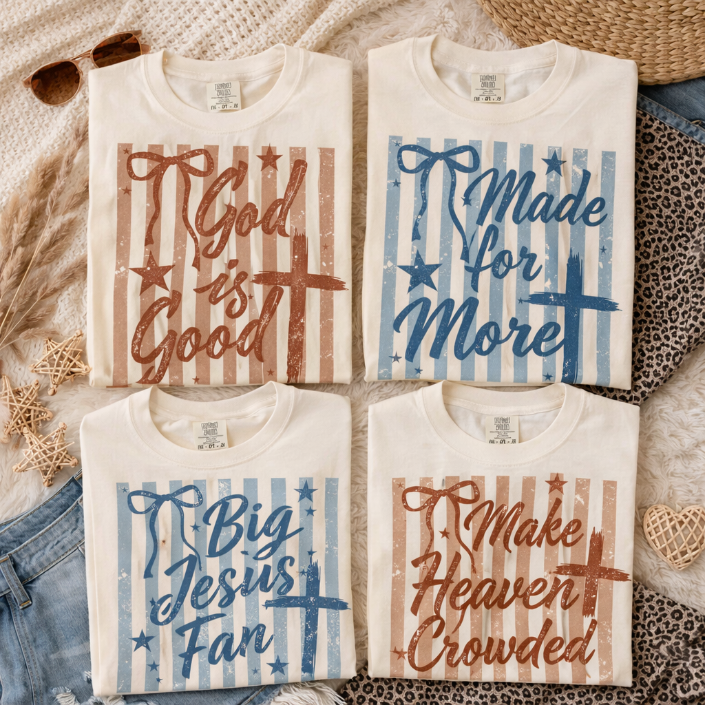 Christian T-Shirt. GOD is Good, Made for more, Make heaven Crowded, Big Jesus Fan. Neutral